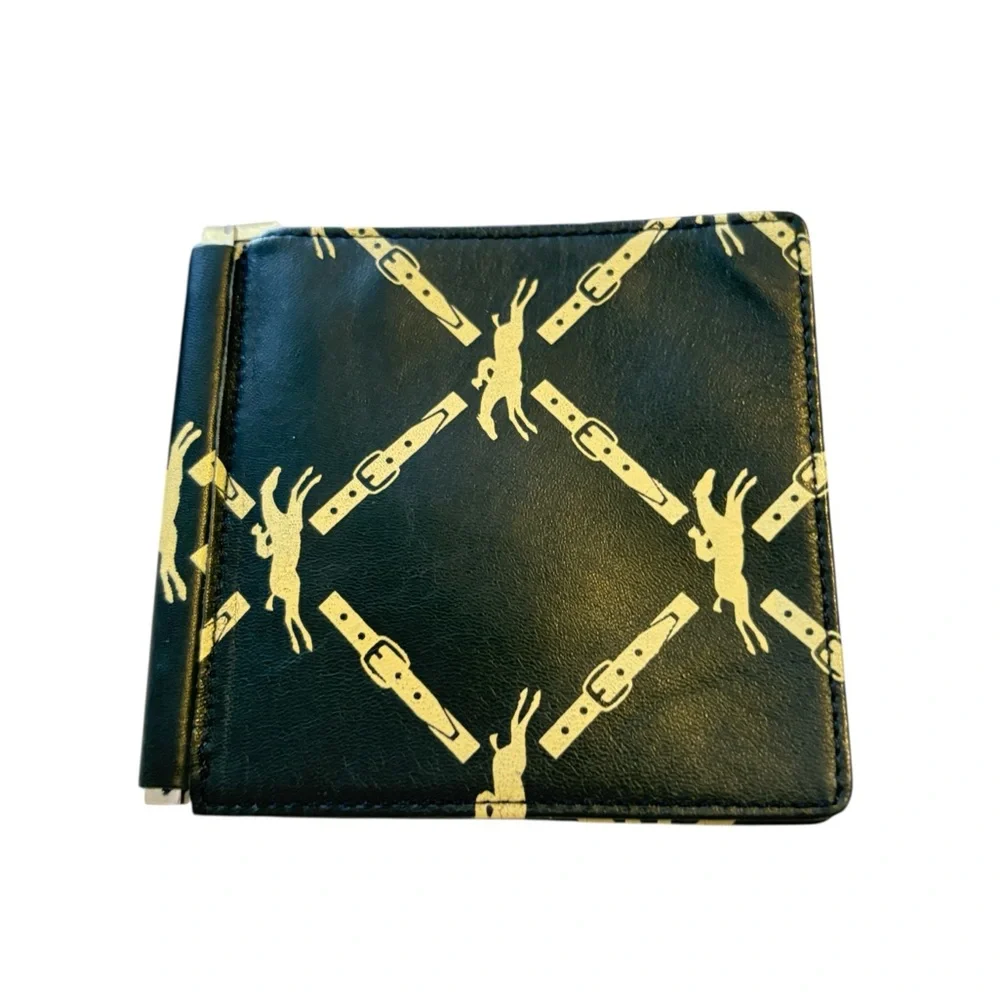 Longchamp Men’s Leather Money Clip Wallet – Black & Gold Equestrian Design